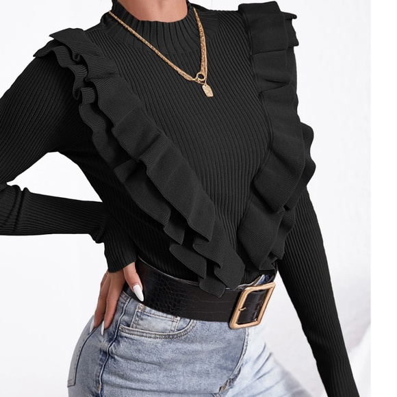Classic Black Ribbed Fitted Ruffle Detail Long Sleeve Sweater - Picture 4 of 5